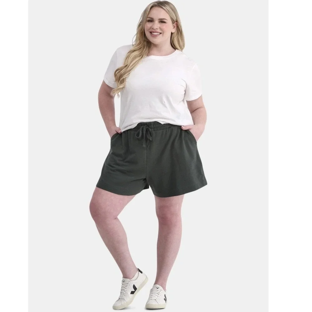 Terra‎ & Sky French Terry Drawstring Knit Shorts 2X Dark Green Aloe New NWT